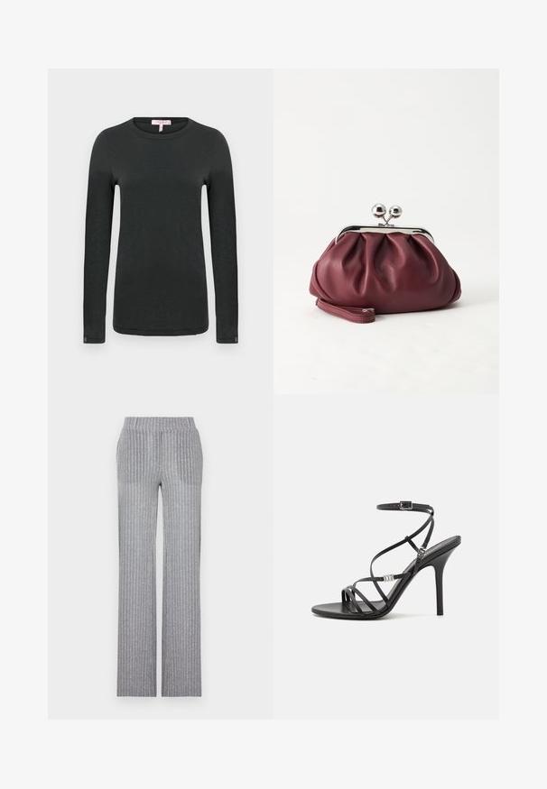 rag & bone THE SLUB - Longsleeve - black; Grijze, geribbelde gebreide broek met een aansluitende tailleband en uitlopende pijpen. Kenmerkt zich door een subtiele glans en verticale strepen voor textuur.; Zwarte hoge hakken sandaal met dunne banden, een enkelgesp, een gladleren oppervlak en een slanke stilettohak.; Kleine bordeauxrode leren clutch-portemonnee met zilverkleurige metalen sluiting en polsbandje op een witte achtergrond.