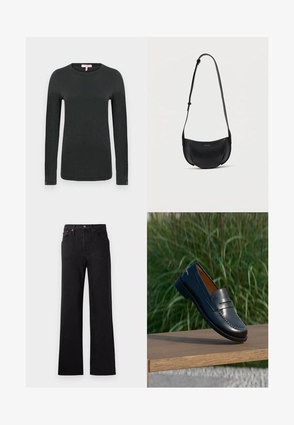 rag & bone THE SLUB - Langærmet T-shirt - black; Højtaljede sorte denimjeans med klokkeformede ben, der har synlige syninger, fem-lomme design og detaljer i kobberfarvet metal.; Mørkeblå læderloafer med beige syninger vist på en træoverflade mod en baggrund af højt grønt græs.; Sort læder crossbody-taske i halvmåneform med justerbar rem og lille guldlogo foran i midten.