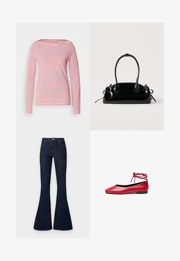 Chemise à manches longues avec des rayures horizontales rouges et blanches, en coton doux, col rond et silhouette cintrée.; Jean en denim bleu foncé taille haute avec jambes évasées, bouton et zip à l'avant, et conception à cinq poches.; Ballerine en cuir rouge avec un bout carré et un détail de lien autour de la cheville. Texture lisse et petit talon noir.; Petit sac à main noir brillant avec deux longues anses et des détails à cordon sur les côtés sur un fond clair uni.