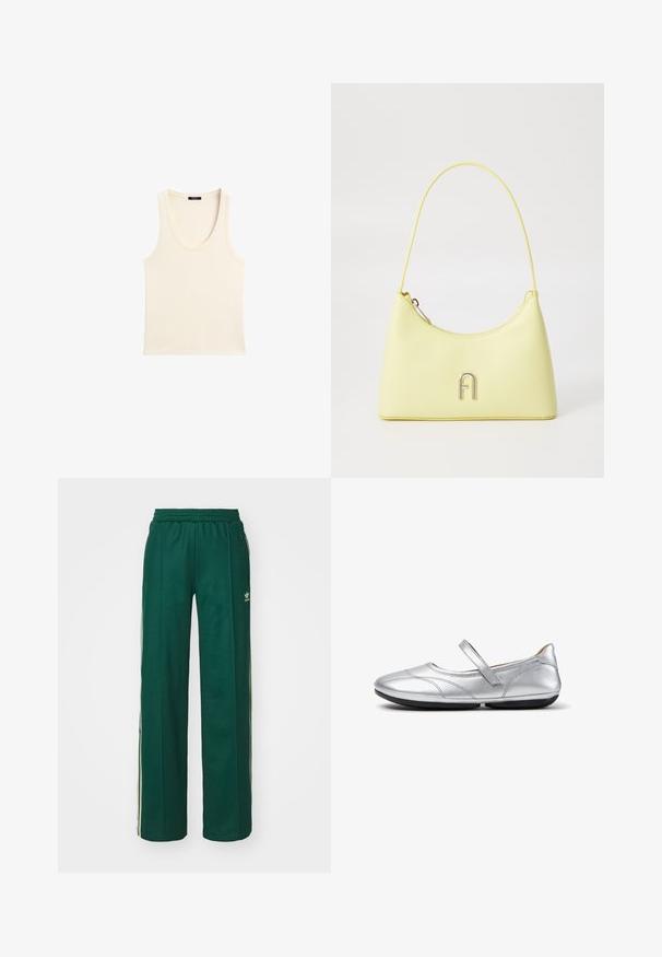 Ærmeløs off-white ribbet tanktop med rund halsudskæring og mærkat ved bagkraven, lagt fladt på en hvid baggrund.; Mørkegrønne træningsbukser med en afslappet pasform, der har snor i taljen, sidelommer og cremefarvede striber langs siderne.; Sølv Mary Jane flad sko med rund tå, enkelt rem over foden og sort sål, vist fra ydersiden.; Gul kunstlæder håndtaske med en glat tekstur, rund form og en slank skulderrem; har et metallisk "A" logo på fronten.