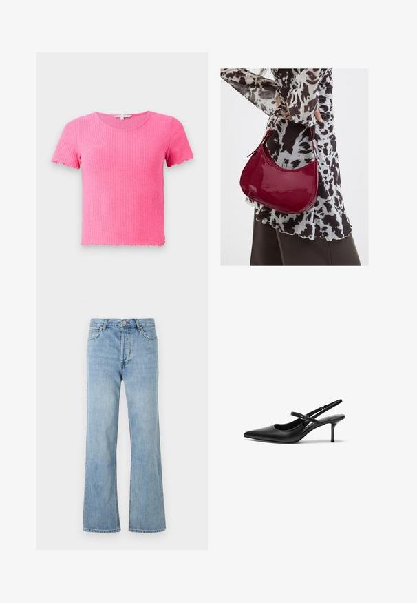 T-shirt rose à manches courtes avec un col rond et des bords festonnés, fabriqué à partir d'un matériau doux et extensible.; Jean en denim bleu clair taille haute avec fermeture à boutons, poches avant et arrière, et coupe droite sur fond blanc.; Talons aiguilles noires en cuir avec un bout pointu, une fine bride réglable, et un talon aiguille d'environ 5 cm, texture lisse.; Femme portant un chemisier à motif noir et blanc tenant un sac à main rouge brillant sur un fond uni.