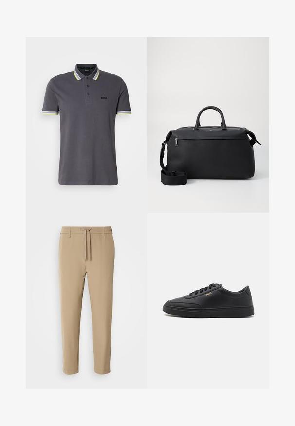 Grijze polo shirt van katoen met een drieknoopsluiting, met contrasterende geel en witte gestreepte accenten op de kraag en mouwen.; Beige, taps toelopende broek met een elastische tailleband en een trekkoord. Glad materiaal met een strakke uitstraling en zonder zichtbare patronen of hardware.; Zwarte leren sneakers met een gladde textuur, ronde neus, platte rubberen zool en tonale veters. Kenmerkt zich door de gouden "BOSS" branding aan de zijkant.; Zwarte leren reistas met twee bovenhandvaten, een afneembare schouderband en een ritsvak aan de voorkant voor extra opbergruimte.