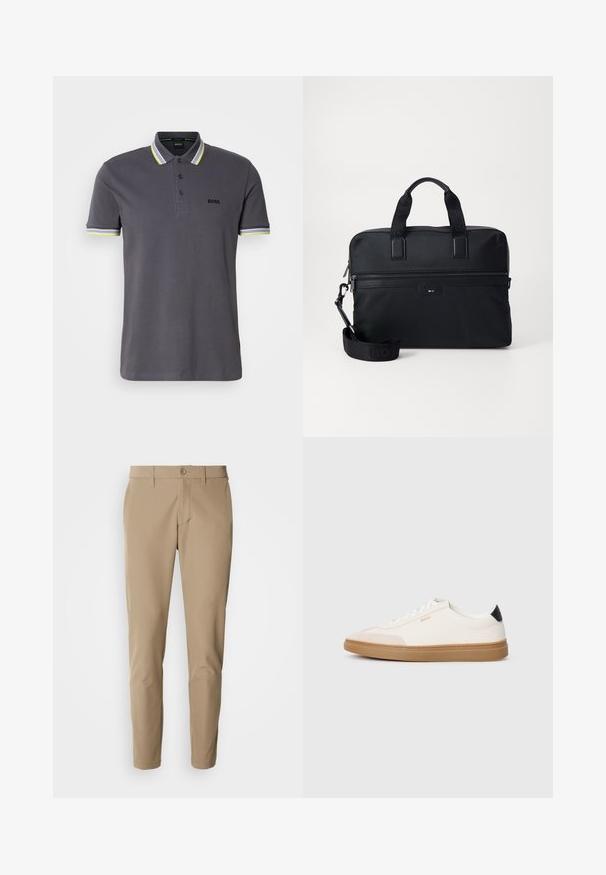 Grijze polo shirt van katoen met een drieknoopsluiting, met contrasterende geel en witte gestreepte accenten op de kraag en mouwen.; Beige broek van gladde stof met een rechte snit, voorzien van een knoopsluiting en voorzakken, en inclusief riemlussen.; Witte sneakers met beige accenten, bovenwerk van glad leer, ronde neus en rubberen gumzool, met een zwarte hieltab en subtiele branding.; Zwarte nylon laptoptas met twee handvatten, een afneembare schouderriem, een ritsvak en subtiele branding. Gestructureerd oppervlak met een slank ontwerp.