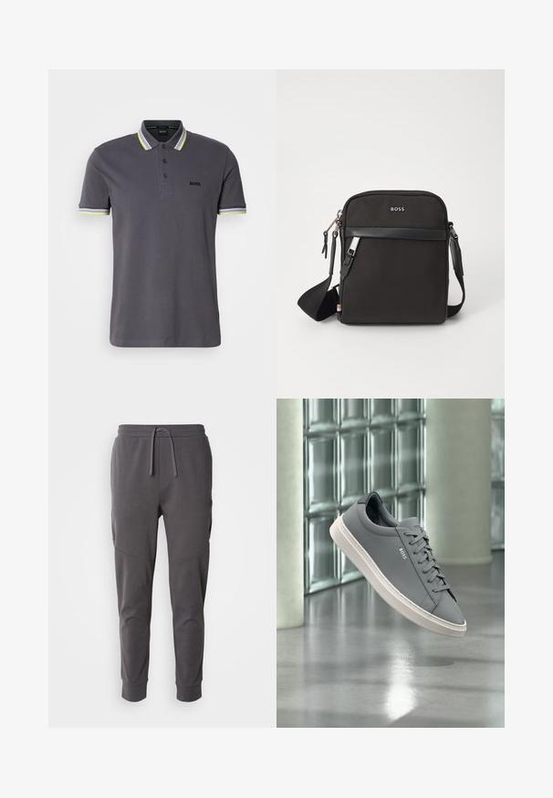 Grijze polo shirt van katoen met een drieknoopsluiting, met contrasterende geel en witte gestreepte accenten op de kraag en mouwen.; Grijze joggingsbroek gemaakt van zachte stof met een elastische tailleband, voorzien van zijzakken en een taps toelopend ontwerp aan de enkels.; Grijze BOSS sneaker met witte zool, met veters, drijvend binnenshuis tegen een glasblokmuur en gepolierde betonnen vloer.; Zwarte schoudertas van textuurstof, met logo aan de voorkant, ritssluiting en verstelbare schouderband. Voorzien van een gladde leren rand.