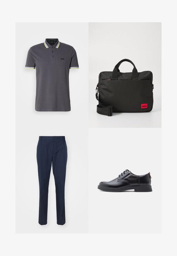 Polo gris en coton avec une patte à trois boutons, mettant en avant des accents rayés contrastants jaunes et blancs sur le col et les manches.; Pantalon bleu marine en tissu lisse, à coupe ajustée, avec deux poches avant et un pli le long de chaque jambe pour un look élégant.; Chaussures en cuir noir à lacets avec une texture lisse, un bout arrondi et des détails de couture discrets. Présentent une languette rouge à l'arrière.; Sacoche en nylon noir pour ordinateur portable avec doubles poignées supérieures, une bandoulière réglable, un accent logo rouge et un panneau avant texturé, compartiment principal zippé.