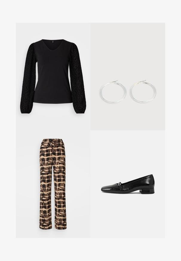 Top negro con escote en V y mangas largas globo en tela texturizada con estampado de leopardo negro. Cuerpo liso con una silueta ajustada.; Pantalones de pierna ancha en una tela ligera con un patrón abstracto en negro y beige. Cintura con cordón ajustable, corte relajado.; Bailarinas de charol negro con punta afilada, tacón cuadrado bajo y un pequeño detalle de hebilla metálica en la correa. Textura suave.; Pareja de pendientes de aro plateados brillantes con cierres de alambre delgado, mostrados sobre un fondo gris claro.