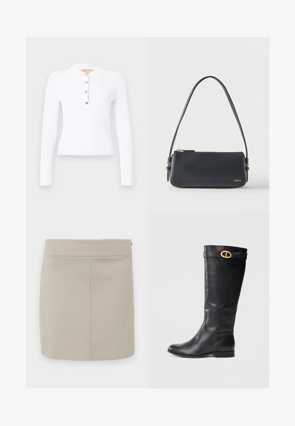 Hvid ribbet langærmet polo med krave og fire sølvknapper på stolpen.; Beige miniskirt lavet af glat stof, med en lige skæring, enkelt design og en skjult lynlås i siden.; Sorte læderknæhøje støvler med rund tå, flad sål og en dekorativ spænde i guldfarve på kanten. Glat tekstur med minimale detaljer.; Sort rektangulær skuldertaske i læder med guld lynlås og lille guld "HUGO"-logo på fronten, med justerbar strop med spænde.