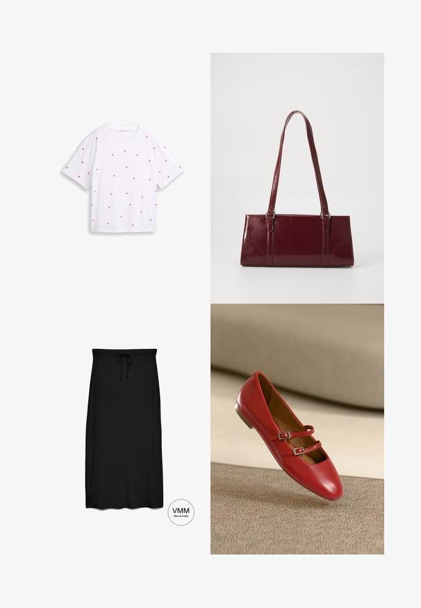 T-shirt blanc à manches courtes avec petits motifs de cœurs rouges dispersés, col rond et coupe décontractée.; Jupe midi noire avec ceinture élastique et cordon, conçue pour être portée au-dessus du ventre.; Ballerine en cuir rouge avec deux brides ajustables ornées de boucles argentées. Bout arrondi et petit talon marron texturé.; Sac à main bordeaux en matériau brillant, de forme rectangulaire, avec deux anses et des accents légèrement courbés à l'avant.