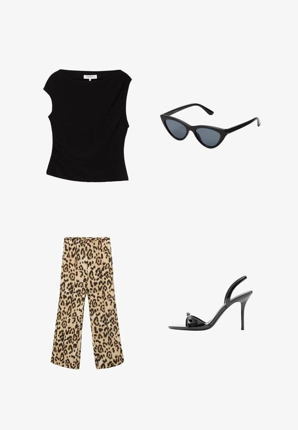 Haut noir sans manches, cintré, avec encolure bateau et léger froncement sur les côtés, taille medium de chez Pull&Bear.; Pantalons à jambe large en imprimé léopard beige et marron, avec une taille à cordon, en tissu lisse et à coupe décontractée.; Sandale noire en cuir verni à talon haut avec talon aiguille fin, bout ouvert et fine bride sur le dessus du pied et autour de la cheville.; Lunettes de soleil noires en forme d'œil de chat avec des verres gris foncé, monture en plastique élégante, coins pointus et branches droites. Pas de métal visible ni d'accents.