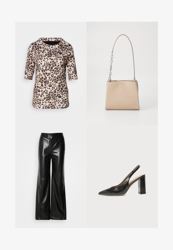 Leopardprint top met korte mouwen in beige en bruine tinten, heeft een casual pasvorm en ronde halslijn met een textuurstof.; Zwarte leren wijde broek met een gladde textuur, hoge taille en een verborgen ritssluiting aan de voorkant. Tailored fit met een nette afwerking.; Zwarte leren slingback schoen met spits toelopend neusje, hoge blokhak en beige binnenvoering tegen een effen lichte achtergrond.; Beige leren handtas met een gladde textuur, voorzien van een zilveren kettingaccent op het handvat en een ritssluiting. "HUGO" is op de voorkant hotstempeld.