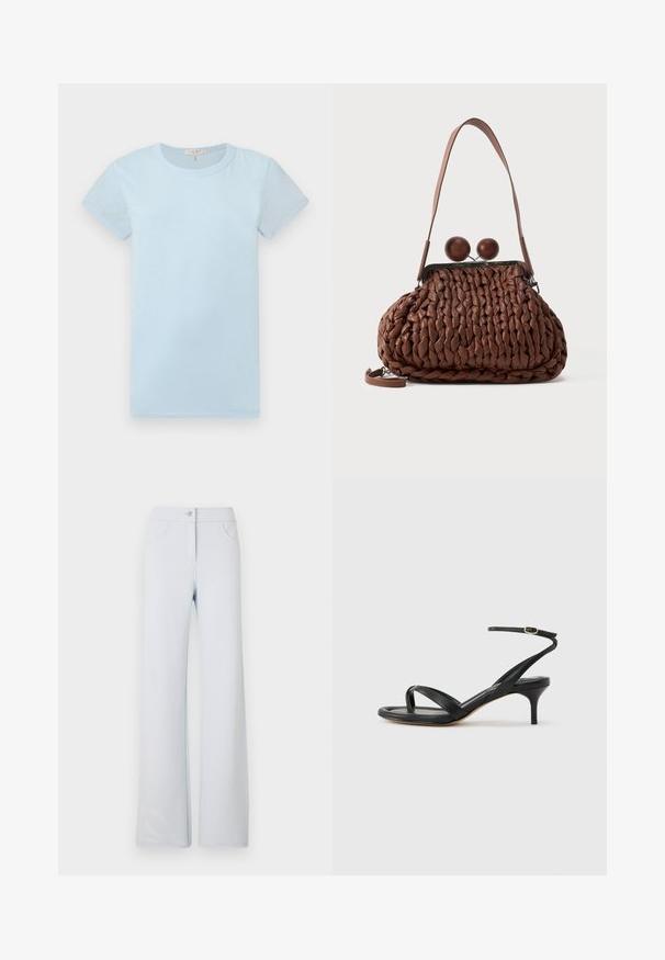 rag & bone T-shirts basic - raindrop; Lysblå brede bukser lavet af blød stof, med lukning foran med knap, bæltesløjfer og to sidelommer. Glat tekstur og enkelt design.; Sort damesandal i læder med tynde remme, en tå-loop, ankelspænde og en mellemhøj stiletthæl på en neutral baggrund.; Brun flettet læderhåndtaske med en enkelt strop og to store runde trælukninger på toppen.