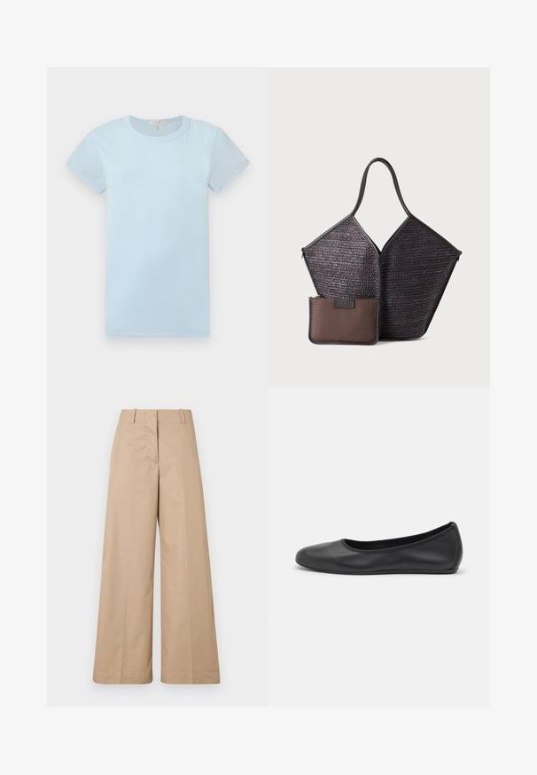 rag & bone Základné tričko - raindrop; Bežové široké nohavice z hladkej bavlnenej tkaniny, s prispôsobeným pásom a plochým predným dielom, navrhnuté pre voľný strih a čisté línie.; Čierne kožené baleríny s okrúhlou špičkou, hladkým povrchom, minimálnym prešívaním a flexibilným dizajnom podrážky.; Hereu CALELLA - Veľká kabelka - dark brown