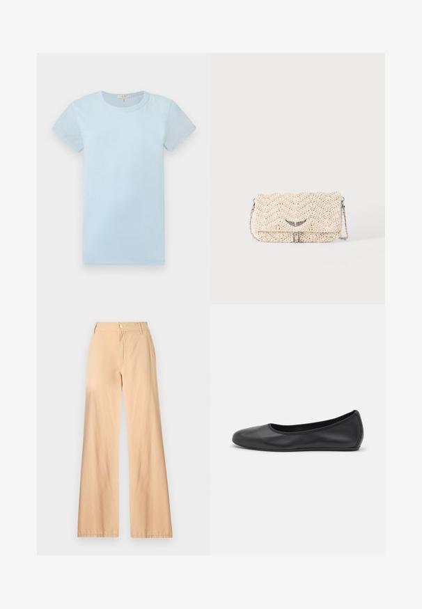 rag & bone T-Shirt basic - raindrop; Beige weite Hose aus Baumwolle mit einem Reißverschluss vorne, Knopfverschluss und zwei seitlichen Taschen mit glatter Textur.; Schwarze Leder-Ballettschuhe mit abgerundeter Spitze, glatter Textur, minimalen Nähdetails und einem flexiblen Sohlen-Design.; Beige gewebte Clutch-Tasche mit Klappe, Metallkettenriemen und kleiner silberner flügelförmiger Verzierung vorne.