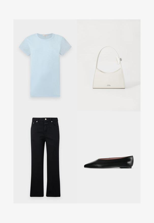 rag & bone T-Shirt basic - raindrop; Schwarze Jeans mit geradem Bein, im Fünf-Taschen-Stil, mit Metallbeschlägen und einer weichen Denim-Textur. Minimalistisch und einheitlich in der Farbe.; Schwarzer flacher Damenleder-Schuh mit spitzer Kappe und niedrigem Absatz, von der Seite auf einfarbigem hellgrauem Hintergrund gezeigt.; Weiße Leder-Schultertasche mit abgerundetem oberen Teil, kleiner Klippverschluss an dem Riemen und silbernem "Marc Jacobs"-Logo in der Mitte vorne.