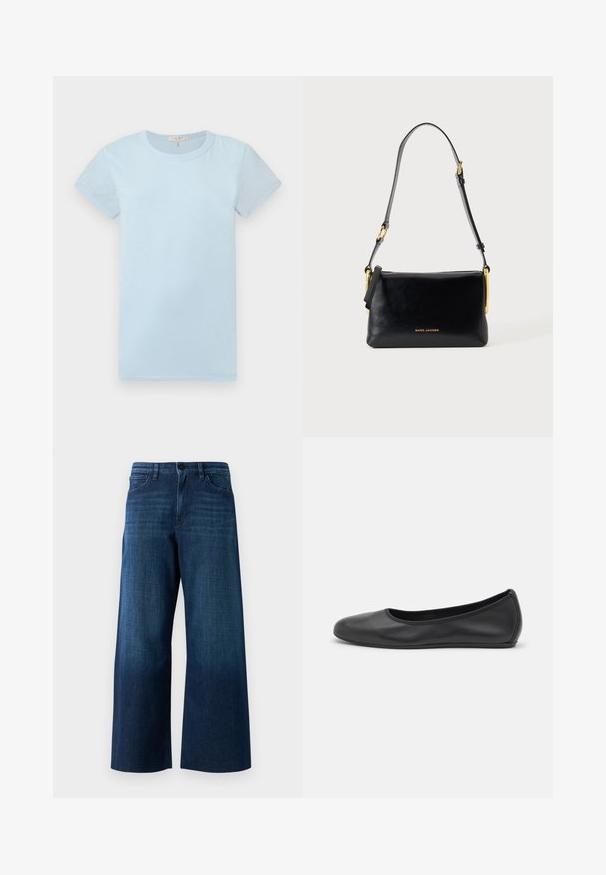 rag & bone T-shirt basic - raindrop; Brede donkerblauwe spijkerbroek met een voorknop, riemlussen en een klassieke vijf-pocket stijl op een effen achtergrond.; Zwarte leren ballerina met een ronde neus, gladde textuur, minimale stikdetails en een flexibele zoolontwerp.; Zwarte leren schoudertas met verstelbare riem en gouden hardware, met klein gouden "Marc Jacobs" logo middenvoor.