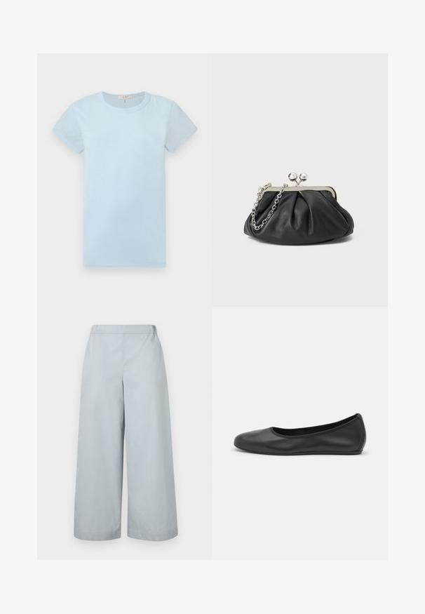 rag & bone Základné tričko - raindrop; MM by MaxMara ANTILLE - Nohavice - light blue; Čierne kožené baleríny s okrúhlou špičkou, hladkým povrchom, minimálnym prešívaním a flexibilným dizajnom podrážky.; Čierna kožená kabelka s vrúbkovou textúrou, strieborným kovovým rámom, uzáverom na pobozkanie a retiazkou na nosenie. Hladký, jemný povrch.