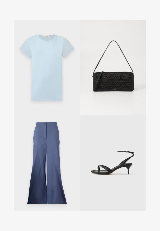 rag & bone Camiseta básica - raindrop; Pantalones de pierna ancha azul marino, confeccionados en una tela suave, con cierre frontal de botón y líneas limpias, con un ajuste entallado en toda su extensión.; Sandalia negra de cuero para mujer con tiras finas, un lazo para el dedo del pie, hebilla en el tobillo y tacón de aguja de altura media sobre un fondo neutro.; Bolso de mano negro con un patrón tejido texturizado, acentos de cuero, forma delgada y una larga correa para el hombro. Detalle del logo dorado en la parte delantera.