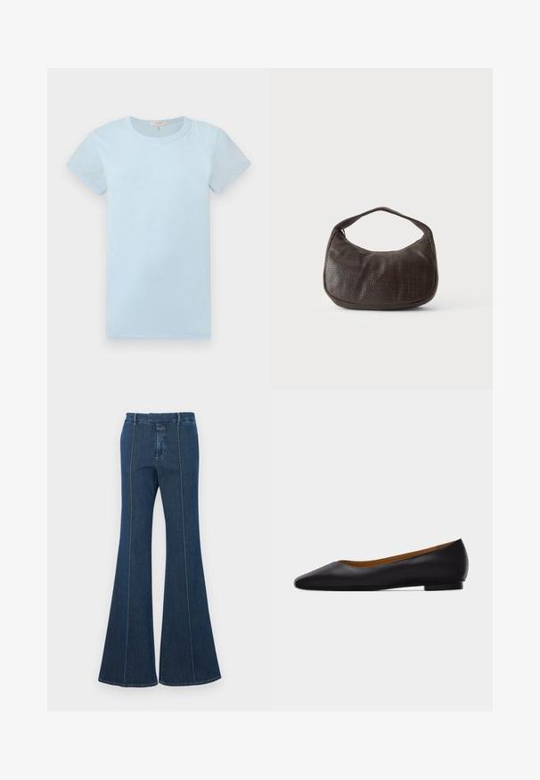 rag & bone T-Shirt basic - raindrop; Dunkelblaue, ausgestellte Denim-Hosen mit strukturierten Nähten und einem sauberen Finish. Verfügt über einen mittelhohen Bund und weite, fließende Beine.; Schwarzer flacher Schuh aus Leder mit spitz zulaufender Vorderkappe, niedrigem Absatz und glatter Oberfläche, von der Seite vor einem hellgrauen Hintergrund dargestellt.; Kleine dunkelbraune strukturierte Handtasche mit kurzem Trageriemen und abgerundetem Boden auf schlichtem hellem Hintergrund.