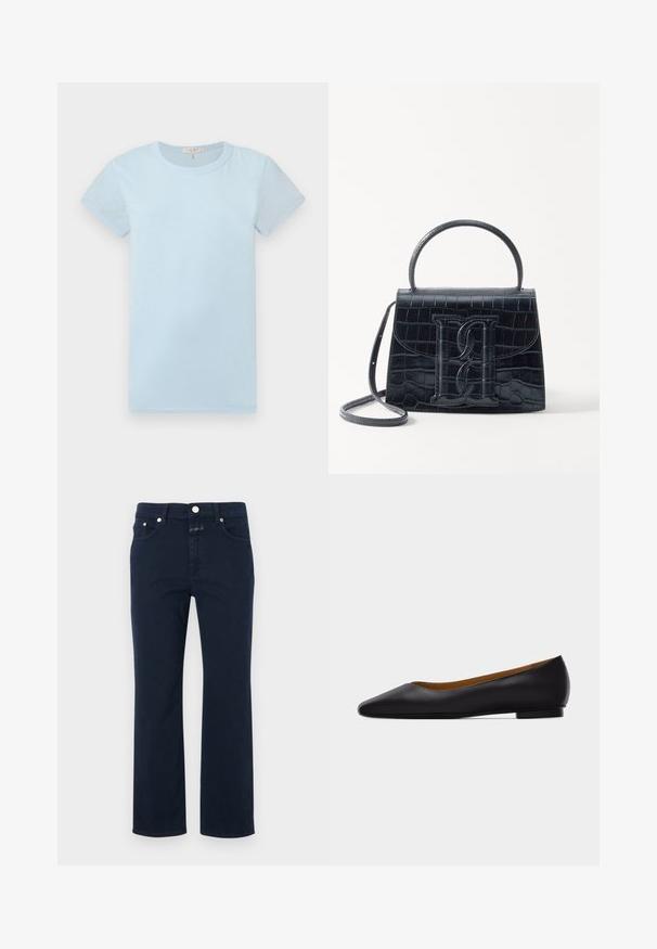 rag & bone T-shirts basic - raindrop; Marineblå bomuldsjeans med lige skæring, udstyret med fem lommer, lynlåsgylf og metalknaplukning. Glat tekstur med syningsdetaljer.; Sort læder flad sko med spids tå, lav hæl og glat finish, vist fra siden på en lysegrå baggrund.; Sort krokodillede læderhandbag med en struktureret design, top-håndtag, justerbar rem og et fremtrædende frontlogo.