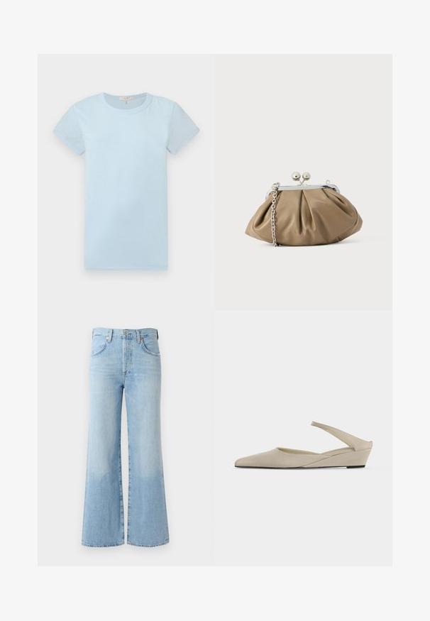 rag & bone Lihtne T-särk - raindrop; Heledad sinine denimpüksid, millel on kõrge vöökoht, viis taskut ja õrn pleekimine hemmi lähedal. Omab tavapärast vöökohta ja nupukinnitust.; Beež madala kiilkontsaga suss, terava varbaosaga ja ühtlase matipinnaga, esitatud külgvaates valgel taustal.; Nahast pehme beežist käekott ümmarguse kujuga, voltidega tekstuuriga, hõbedase klõpskinnise ja eemaldatava kettidega rihmaga.