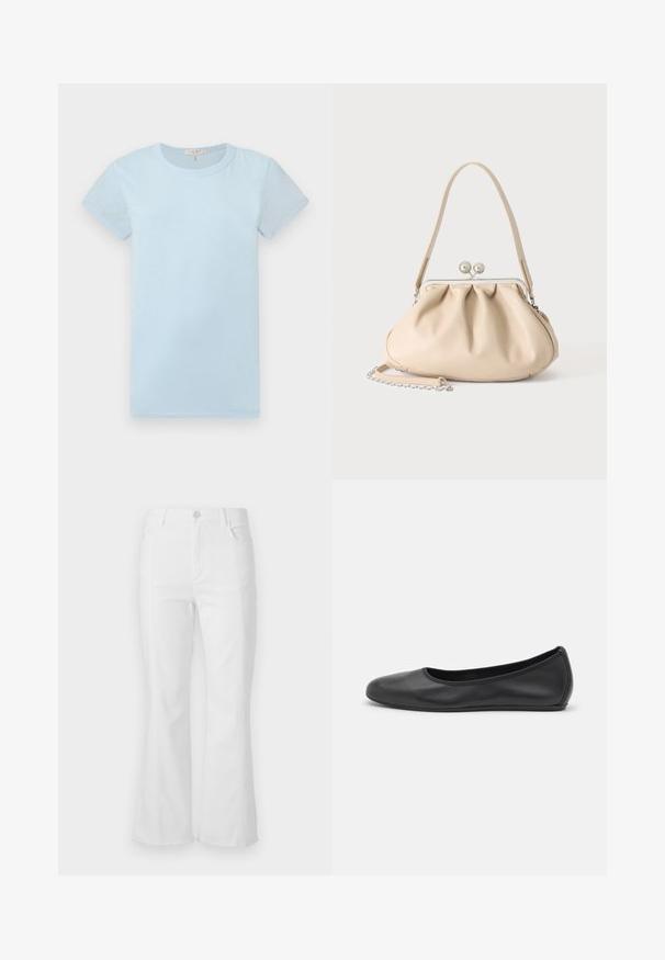 rag & bone Βασικό μπλουζάκι - raindrop; Άσπρα καμπάνα τζιν με ψηλή μέση, εμπρόσθιες τσέπες και ακατέργαστο στρίφωμα. Κατασκευασμένα από τζιν με λεία υφή και ελάχιστες λεπτομέρειες ραφής.; Μαύρο δερμάτινο μπαλαρίνι με στρογγυλή μύτη, λεία υφή, ελάχιστες λεπτομέρειες ραφής και σχεδίαση ευέλικτης σόλας.; Μπεζ μαλακή δερμάτινη τσάντα με ασημένιο μεταλλικό πλαίσιο κλεισίματος, έναν μονό ιμάντα ώμου και προαιρετικό αλυσίδα ιμάντα σε λευκό φόντο.