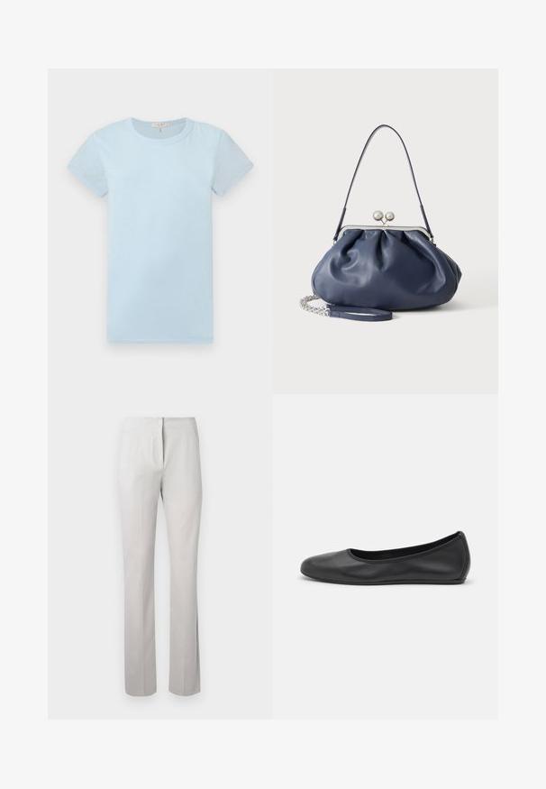 rag & bone T-shirts basic - raindrop; Lys grå, skræddersyede bukser med en glat tekstur, lige ben, og en mid-rise talje. Har lynlås og sidelommer.; Sort læderballetsko med rund tå, glat tekstur, minimal syning og et fleksibelt såldesign.; Blød navyblå læderhåndtaske med sølv lukning, enkelt skulderrem og aftagelig kæde til håndleddet på hvid baggrund.