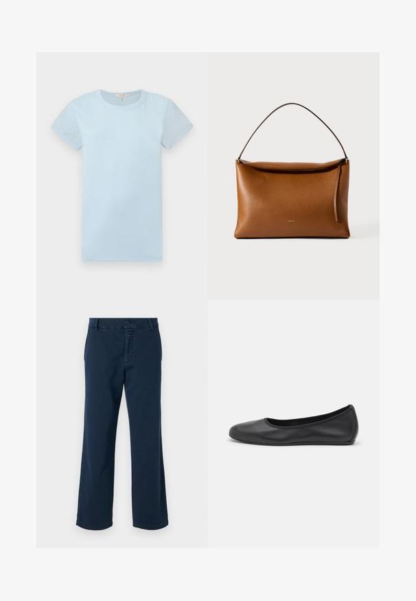 rag & bone Lihtne T-särk - raindrop; CLOSED SERANDON - Püksid - dark night; Musthave mustika tantsutossud mustast nahast, ümmarguse varbaga, siledast tekstuurist, minimaalse õmblusdetailiga ja paindliku tallakujundusega.; Ristkülikukujuline tan-pruun nahast õlakott ühe rihmaga ja ülemise tõmblukuga, valgel taustal.