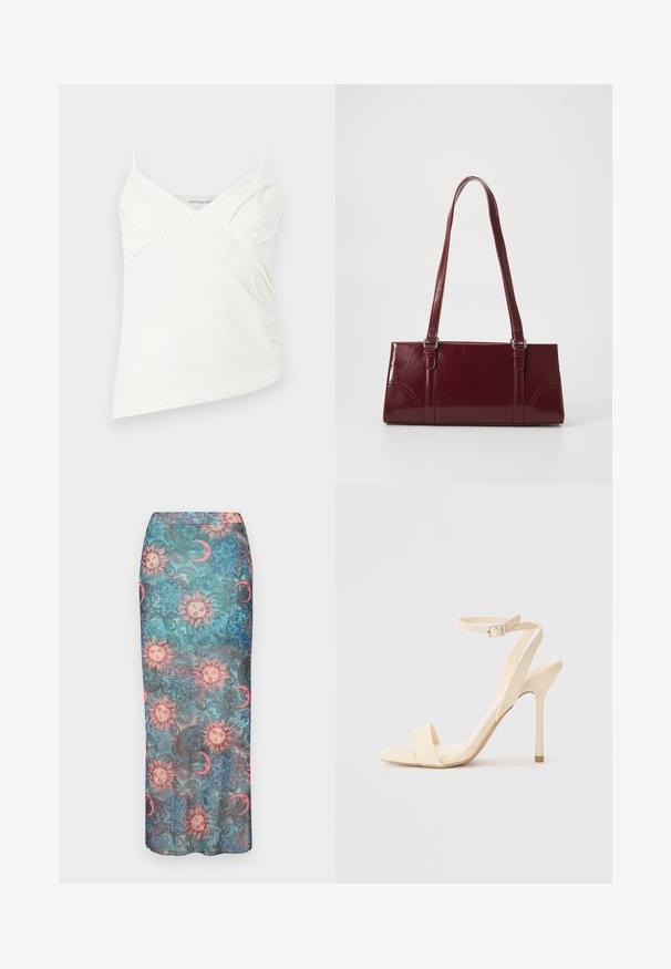 Hvid asymmetrisk camisole top med tynde stropper og subtile rynkedetaljer ved brystet, vist på en ensfarvet baggrund.; Lang, tætsiddende nederdel med et multfarvet print af soler, måner og udsmykkede mønstre på en struktureret teal baggrund.; Beige højhælede sandaler med en slank ankelrem og firkantet tå. Glat syntetisk materiale, minimalistisk design og stiletto-hæl.; Bordeaux håndtaske lavet af glansfuldt materiale, rektangulær form, med to skulderremme og subtile buede detaljer på forsiden.