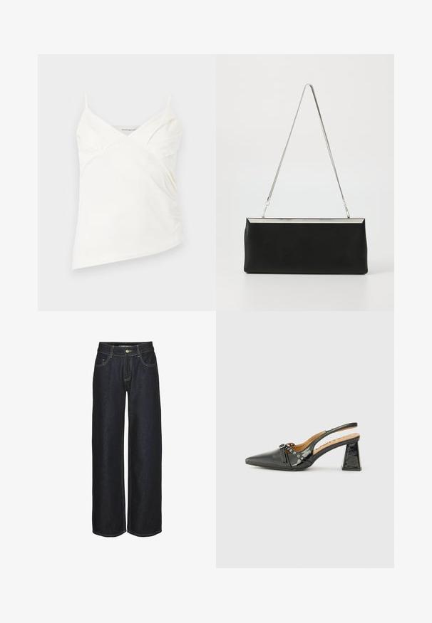 Witte asymmetrische hemdtop met dunne bandjes en subtiele plooidetails op de buste, afgebeeld op een effen achtergrond.; Donkerblauwe rechte jeans met voorzakken, riemlussen en gele contrasterende stiksels, weergegeven op een witte achtergrond.; Zwarte lakleren slingback schoen met een puntige neus, driehoekige hak en decoratieve band met zilveren accenten. Soepele textuur.; Zwarte leren clutch met een zilveren metalen kettinghandvat en een strakke rechthoekige vorm. Matte textuur en minimalistisch ontwerp met een metallic accent.