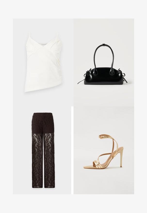 Hvid asymmetrisk camisole top med tynde stropper og subtile rynkedetaljer ved brystet, vist på en ensfarvet baggrund.; Brune blondebukser med ugennemsigtig øvre lårsektion og gennemsigtige blondeben, lige snit og elastisk linning.; Even&Odd by Zalando Sandaler - gold; Lille sort blank håndtaske med to lange håndtag og snøre-detaljer i siden på en ensfarvet lys baggrund.
