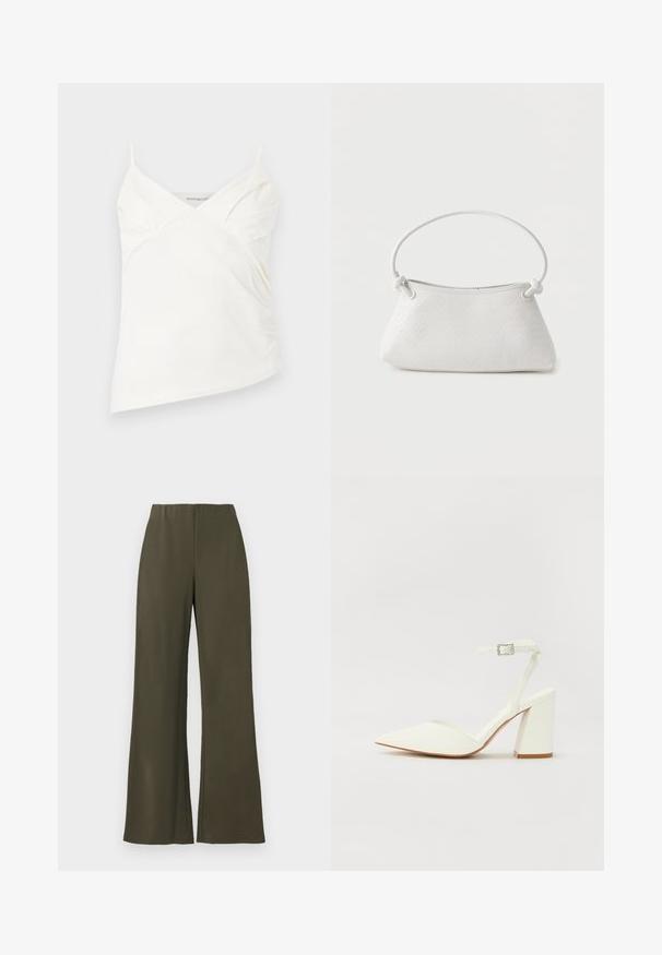Witte asymmetrische hemdtop met dunne bandjes en subtiele plooidetails op de buste, afgebeeld op een effen achtergrond.; Olijfgroene wijde broek met een elastische tailleband, gladde stof en zonder zakken, met een schoon, minimalistich ontwerp.; Witte hakken sandaal met een puntige neus, verstelbaar enkelbandje en een stevige vierkante hak. Gladde textuur met minimale stiksels.; Witte handtas van gevlochten leer met een afgeronde handgreep en uiteinden van de band die geknoopt zijn, afgebeeld tegen een effen achtergrond.