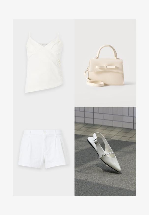 Top camisola blanco asimétrico con tirantes finos y detalles sutiles fruncidos en el busto, exhibido sobre un fondo liso.; Bermudas de lino blancas con pliegues, cierre de botón y bolsillos laterales. Presentan un corte ajustado y una textura suave.; Zapato plano blanco con punta puntiaguda y diseño slingback con dos hebillas plateadas, mostrado al aire libre sobre un suelo texturizado y fondo de pared con azulejos.; Pequeño bolso beige con asa superior, correa desmontable, solapa frontal y lazo decorativo horizontal sobre un fondo liso.
