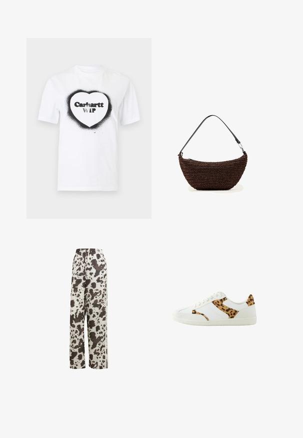 Witte T-shirt met korte mouwen en een zwart gesprayd hartontwerp met de tekst 'Carhartt WIP' binnenin het hart aan de voorkant.; adidas Originals COW PRINT SATIN WIDE LEG - Trainingsbroek - multicolor off white; Witte sneakers met een luipaardprintaccent aan de zijkanten, gemaakt van leer en stof, met een rubberen zool en een klassiek vetersluitingontwerp.; Bruine, gevlochten handtas in halvemaanvorm met een zwarte verstelbare schouderriem en metalen sluitingsdetail op een witte achtergrond.