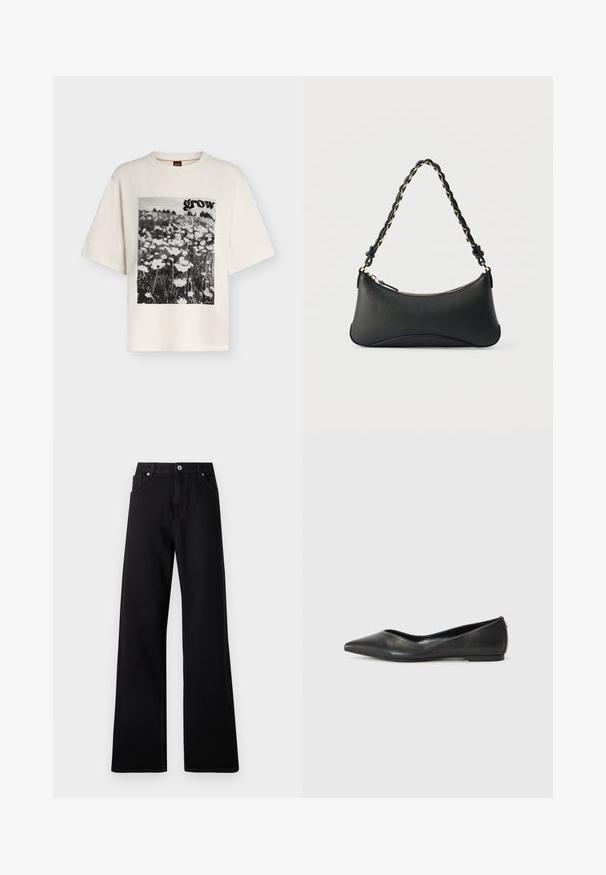 Off-white T-Shirt mit kurzen Ärmeln, auf der Vorderseite ist ein schwarz-weißes Blumenfoto und das Wort „grow“ aufgedruckt.; Schwarze weit geschnittene Jeans aus Denim mit einem Fünf-Taschen-Design, vorderem Knopfverschluss und dezenten Nähdetails.; Schwarze Leder-Ballerinas mit spitzem Zehenbereich, niedrigem Absatz und glatter Textur. Minimalistisches Design mit einem dezenten seitlichen Akzent.; Schwarze Lederschultertasche mit gewölbter rechteckiger Form, goldener Kette, die in den geflochtenen schwarzen Riemen eingewebt ist, und Reißverschlussverschluss oben.