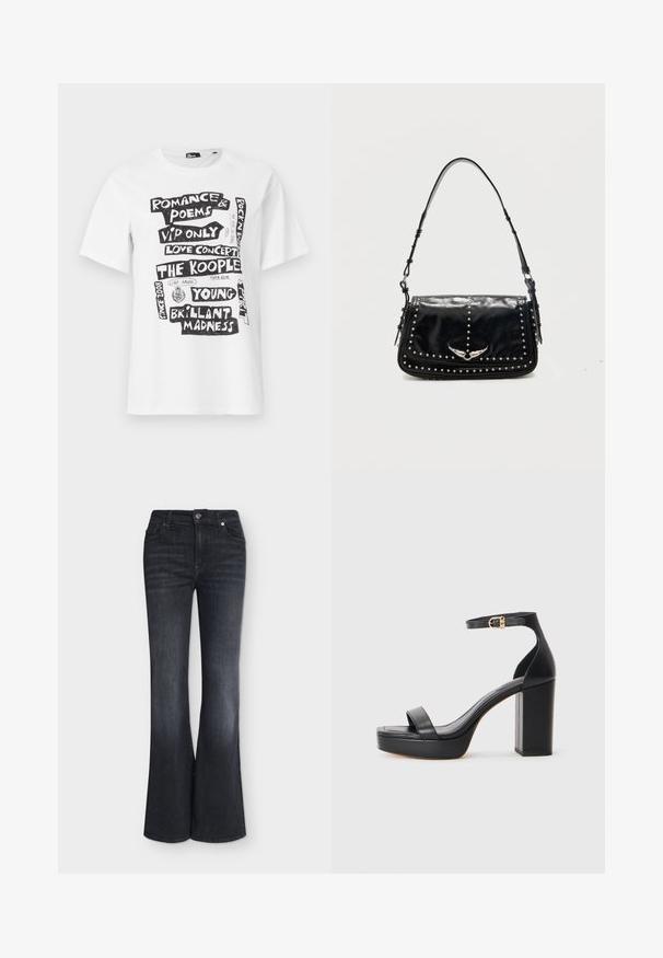 Wit t-shirt met korte mouwen en zwarte blockletter-teksten waaronder "Romance & Poems," "Love Concert," "The Kooples," en "Brillant Madness."; Zwarte denim jeans met uitlopende pijp, een knoop- en ritssluiting aan de voorkant en voorzakken, getoond tegen een effen witte achtergrond.; Zwarte platform sandalen met een dikke blokhak, van glad leer, open teen ontwerp en een enkelband met een gouden gesp accent.; Zwarte leren schoudertas met zilverkleurige studs en een metalen vleugel-embleem op de voorklep tegen een effen achtergrond.
