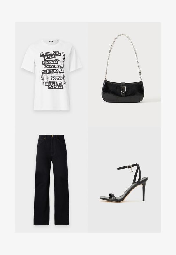 Hvid kortærmet t-shirt med sorte blokbogstaver med sætninger som "Romance & Poems," "Love Concert," "The Kooples" og "Brillant Madness."; Sorte denimbukser med lige ben, der har høj talje, fem lommer, gyldent hardware og diskrete syninger.; Sort hæl-sandal med smal ankrem, firkantet tå-boks, glat lædermateriale og metalspænde som pynt.; Sort skuldertaske i laklæder med sølv spænde og sølv kæderem, vist mod en ensartet lys baggrund.