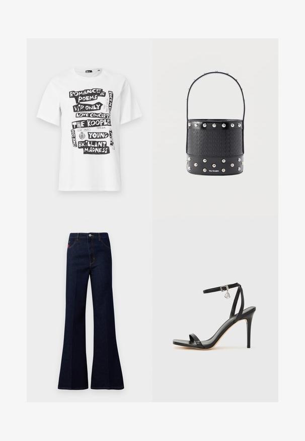 Wit t-shirt met korte mouwen en zwarte blockletter-teksten waaronder "Romance & Poems," "Love Concert," "The Kooples," en "Brillant Madness."; Donkerblauwe hoge taille flared jeans met een knoop aan de voorkant, rits, zij- en achterzakken, en contrasterende stiksels.; Zwarte sandaal met hoge hak, smalle enkelband, vierkante neus, soepel leermateriaal en metalen gespsluiting.; Zwarte emmertas met geweven textuur, zilverkleurige studaccenten en een slank handvat. Voorzien van merklogo aan de voorkant en een glad leren bodem.