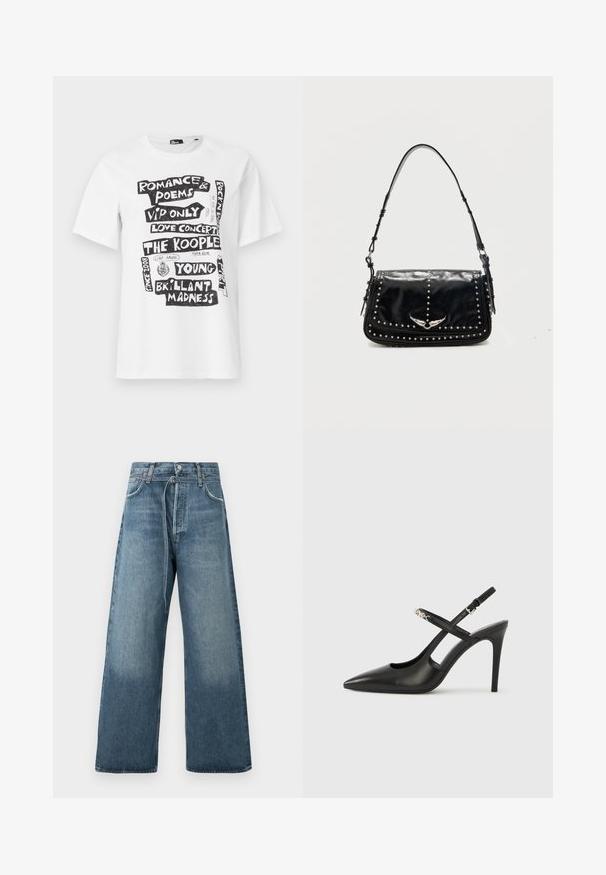 T-shirt blanc à manches courtes avec des phrases en texte noir en blocs, notamment "Romance & Poèmes", "Concert d'amour", "The Kooples" et "Folie Brillante".; Jeans évasés bleu en délavé, fabriqués en denim avec des accents de couture visibles et une fermeture à bouton à la taille.; Escarpins slingback en cuir noir avec bout pointu, design ajouré et bride ajustable ornée de ferrures métalliques.; Sac à épaule en cuir noir avec des clous argentés et un emblème métallique ailé sur le rabat avant sur fond uni.