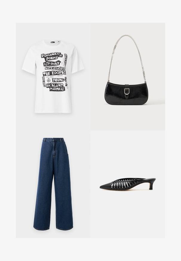 T-shirt blanc à manches courtes avec des phrases en texte noir en blocs, notamment "Romance & Poèmes", "Concert d'amour", "The Kooples" et "Folie Brillante".; Jean taille haute à jambes larges en denim bleu foncé avec fermeture à bouton et à zip à l'avant, passants de ceinture et poches latérales.; Mule en cuir noir avec bout pointu, design découpé à brides et petit talon kitten sur fond blanc.; Sac à épaule en cuir verni noir avec détail de boucle argentée et bandoulière en chaîne argentée, présenté sur un fond uni clair.