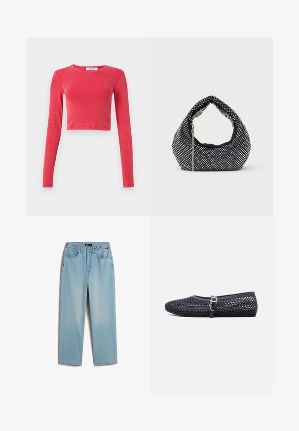 Langærmet, cropped top i ribbet tekstur med rund halsudskæring. Farve: livlig rød. Indeholder et label ved halsen med "JJXX."; Vans CINCHED CHECK - Baggy jeans - light stonewash; Sort flad sko med åben mesh-design, justerbar rem med sølvspænde og lille dekorativ vedhæng på siden, vist i sideprofil.; Sort mesh håndtaske prydet med sølvnitter, udstyret med et buet håndtag og en kædetraspe. Blød tekstur med en rund form.