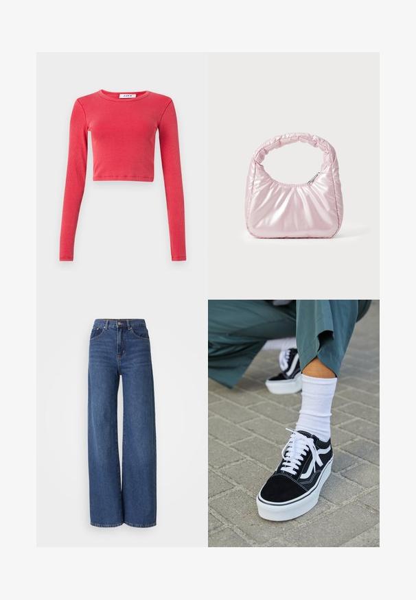 Langærmet, cropped top i ribbet tekstur med rund halsudskæring. Farve: livlig rød. Indeholder et label ved halsen med "JJXX."; Højtaljede, brede jeans i mørkeblå denim. Har fem lommer, bæltestropper og en blød tekstur med kontrasterende syninger.; Sorte ruskinds sneakers med hvide accenter og snørebånd, der har en tyk hvid sål og kontrasterende syninger, parret med en hvid sok.; Rosa, polstret håndtaske med afrundet design, lavet af skinnende materiale. Har et samlet håndtag og en lynlås til sikker adgang.
