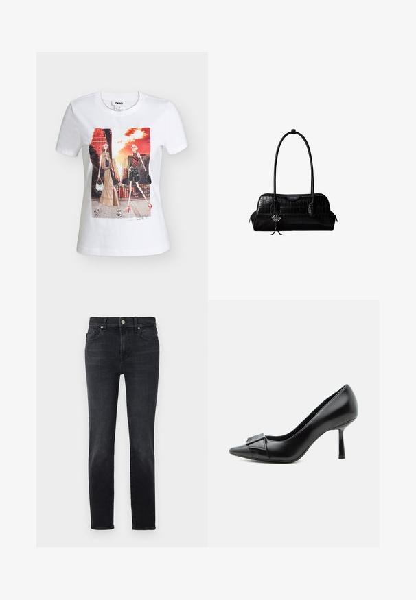 Hvid DKNY T-shirt med to stiliserede kvinder, der går i et bylandskab med høje bygninger og en orange himmel ved solnedgang.; Sorte denimjeans med lige ben, der har knaplukning, fem lomme-design og subtile sømdetaljer.; Sort læder højhælet sko med spids tå og dekorativ spænde foran, set fra siden på hvid baggrund.; Sort skuldertaske i krokodillelæder med lange stropper og lille sølvlogo-charm på den ene strop.