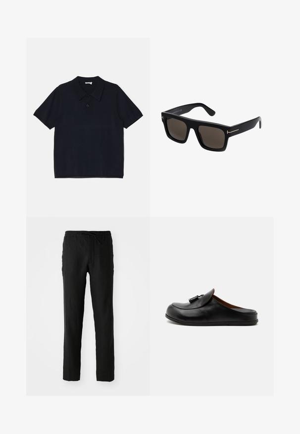 Sort kortærmet polo t-shirt lavet af blødt, letvægtsstof. Har en klassisk krave og en frontknaplukning.; Sorte linnedbukser med elastisk talje og snor. Lige ben-design og glat tekstur. Velegnet til afslappet brug.; Sort læder rygfri loafer med kvaster på toppen, vist fra siden på en lys ensfarvet baggrund.; Sorte firkantede solbriller med mørke linser, der har guldtonede accenter på stængerne og en glat plastikoverflade.