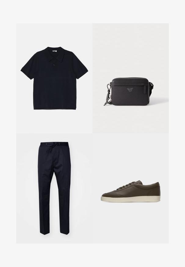 Sort kortærmet polo t-shirt lavet af blødt, letvægtsstof. Har en klassisk krave og en frontknaplukning.; Marineblå, letvægtsbukser med elastisk talje, justerbar snor og lige ben. Glat tekstur uden synlige mønstre eller accenter.; Low-top mørkebrun lædersneaker med snørelukning foran og cremefarvet gummisål, vist fra ydersiden mod hvid baggrund.; Sort tekstil crossover-taske med lynlåslukning, der har en frontlomme, logo-detalje og justerbar rem. Tekstureret overflade, rektangulær form.