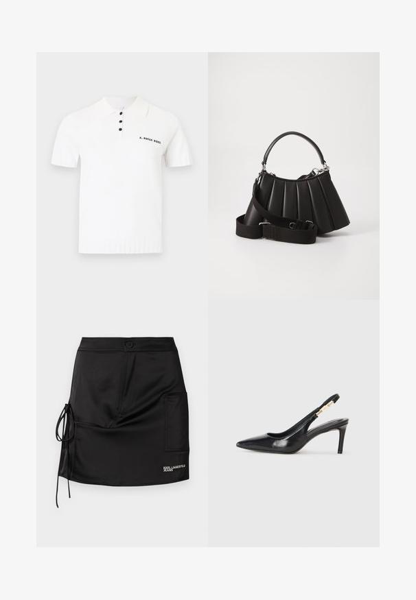 Hvid kortærmet poloshirt med tre sorte knapper og sort tekst "A. ROEGE HOVE" på venstre bryst.; Sort satin mininederdel med knaplukning, bånddetalje i siden og et opslagslomme med "KARL LAGERFELD JEANS" branding.; Sort læder slingback højhælede sko med spidse tæer, glat overflade og en smal ankelrem med guldfarvede hardware detaljer.; Sort plisseret handbag med et rundet håndtag, justerbar rem og blank overflade. Har sølvfarvet hardware og en struktureret silhuet.