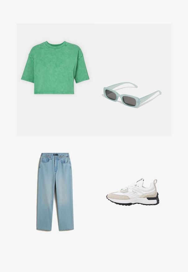 Gekürztes grünes T-Shirt mit leicht strukturiertem Finish, rundem Ausschnitt und kurzen, weiten Ärmeln. Einfaches Design ohne zusätzliche Muster oder Hardware.; Vans CINCHED CHECK - Baggy Jeans - light stonewash; Weißer und beiger Sneaker aus Wildleder- und Mesh-Materialien, mit strukturierten Akzenten, einer abgerundeten Zehenpartie und einer Gummisohle. Verfügt über ein Logo an der Seite.; Ein Paar rechteckige Sonnenbrillen mit lichtblauen, halbtransparenten Rahmen und dunkelgrauen Gläsern, ausgestattet mit geraden Bügeln und minimalen Hardware-Details.