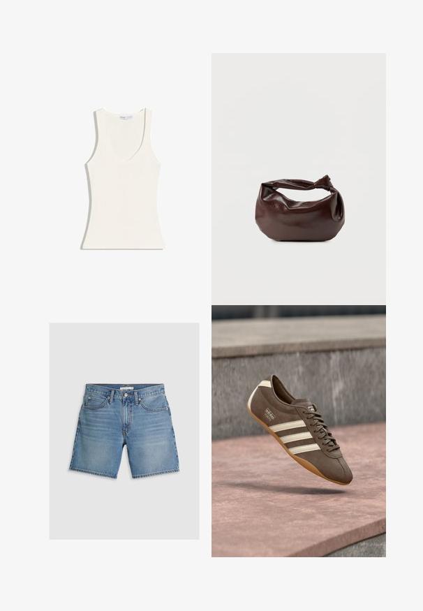 Débardeur blanc côtelé sans manches avec un décolleté profond, une silhouette ajustée et des fines bretelles.; Shorts en jean bleu clair, avec une coupe droite, cinq poches et une fermeture à bouton. Fabriqués en coton avec une texture lisse.; Baskets en daim marron avec des rayures blanches et un logo, dotées d'un bout rond et d'une semelle en caoutchouc gomme, suspendues au-dessus d'une surface texturée.; Sac bandoulière en cuir marron foncé avec une forme souple et décontractée et une anse nouée torsadée sur un fond blanc uni.