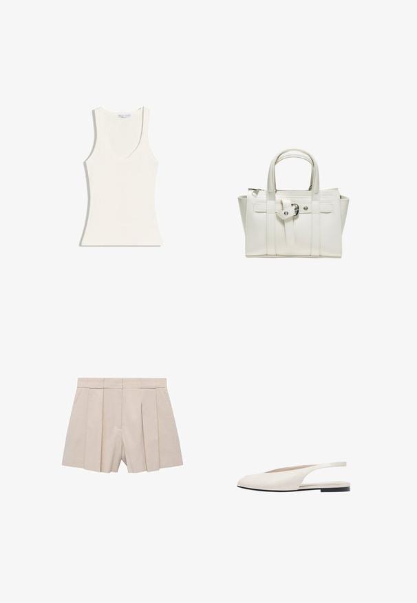 Ærmeløs hvid ribbet tanktop med dyb rund halsudskæring, tætsiddende silhuet og smalle skulderstropper.; Beige plisserede shorts med et skræddersyet design, der har høj talje og en glat tekstur. Fire frontplisseringer skaber volumen. Ingen lommer.; Flad kremfarvet slingback-sko med spids tå og sort sål, minimalistisk design, sideblik på hvid baggrund.; Lille hvid læderhåndtaske med to håndtag, sidepaneler og en dekorativ frontspænde med metaløjer.