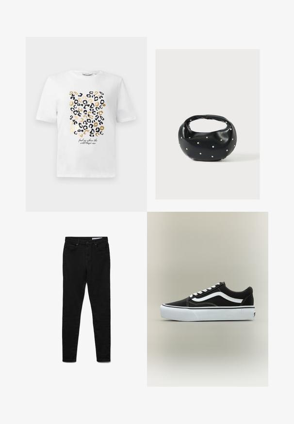 Witte T-shirt met een luipaardprintontwerp in zwart en goud, met een tekstdetail dat zegt: "vind me waar de wilde dingen zijn."; Zwarte denim jeans met een slanke pasvorm, voorzien van een taille op middenhoogte, vijf zakken, metalen knoopsluiting en subtiele stiksel-details.; Lage zwarte sneaker met witte zijstreep, witte veters, witte rubberen zool en gestructureerde neus op een neutrale achtergrond.; Zwarte leren handtas met een afgeronde vorm, versierd met zilveren studs, en een korte handgreep. Gladde textuur en ritsluiting.