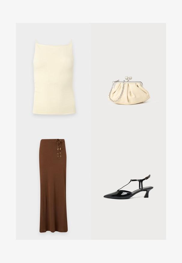 Haut caraco en maille côtelée couleur crème avec fines bretelles et encolure droite sur un fond neutre.; Jupe longue marron avec une taille haute et un détail lacé avec œillets dorés et breloques sur le côté droit.; Chaussure slingback en cuir verni noir à bout pointu avec bride en T et petit talon bloc incliné sur fond blanc.; Pochette en cuir beige plissé avec un cadre en métal argenté, dotée de deux fermoirs ronds décoratifs et d'une chaîne en argent.